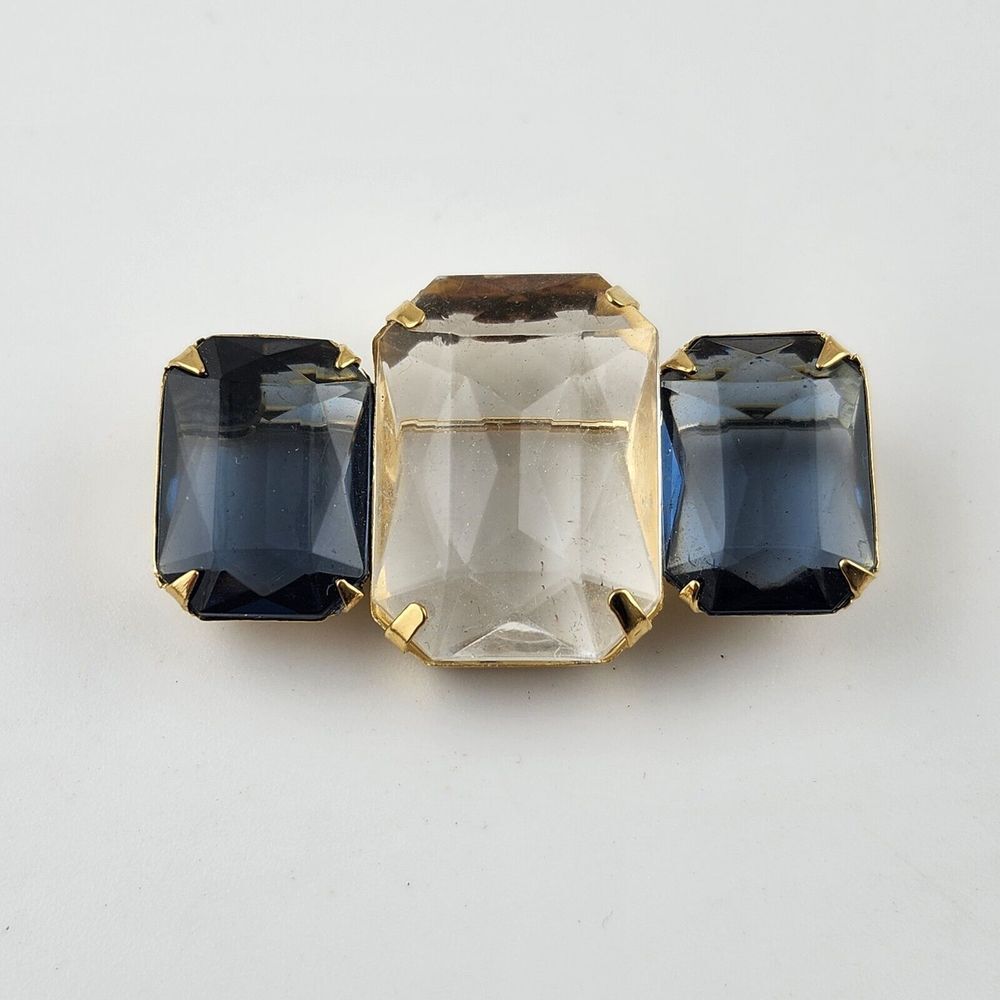 Vintage Gold Tone Avon Clear & Blue Faceted Acrylic Bar Brooch Pin‎